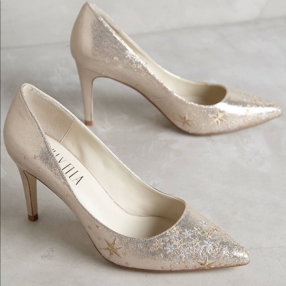 Anthropologie Billy Ella Embroidered Star Pumps, Gold - 6 - Picture 1 of 11